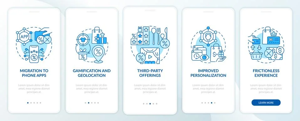 Loyalty programs trends blue onboarding mobile app page screen Stock Illustration