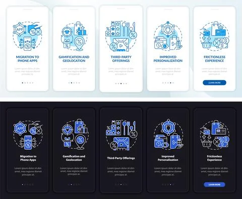 Loyalty programs trends dark, light onboarding mobile app page screen Stock Illustration