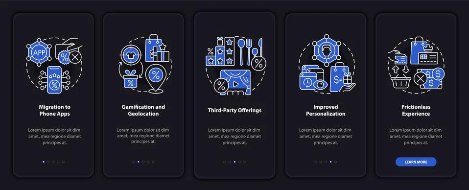 Loyalty programs trends dark onboarding mobile app page screen Stock Illustration