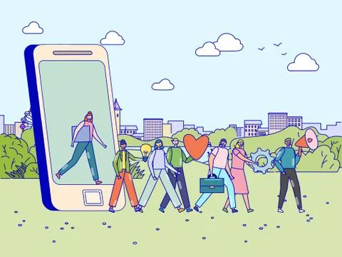 Loyalty referral program concept, happy people walking out of smartphone and 库存插图