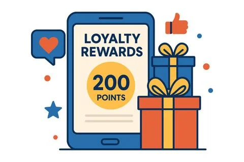 Loyalty rewards program mobile app with gift boxes and points Stock Illustration
