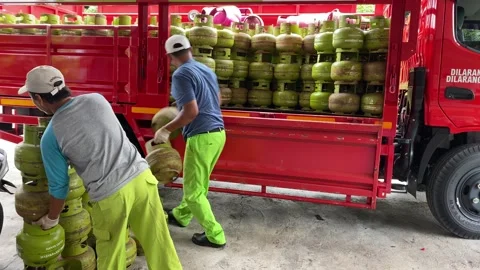 LPG distribution. March 4, 2024. Yogyakarta, Indonesia. Stock Footage 279480575