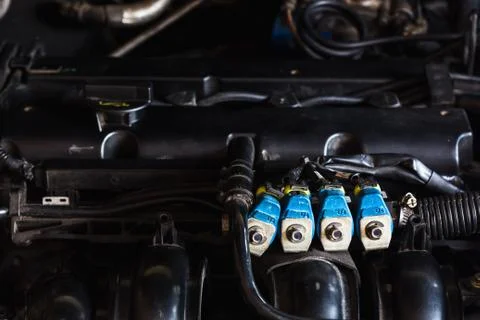 LPG fuel injection focus in engine room Stock Photos