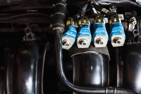 LPG fuel injection focus in engine room Stock Photos