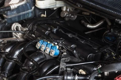 LPG fuel injection focus in engine room Stock Photos