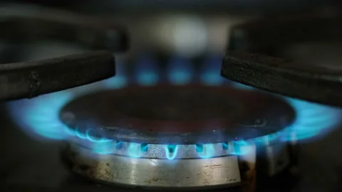 Lpg propane gas cooker close up while burning,not renewable energy wastage Stock Footage 153497733
