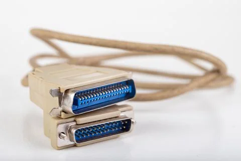 LPT cable used to connect the PC and the printer. Old computer accessories. Stock Photos