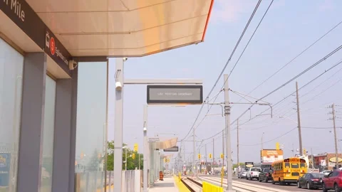 LRV Testing Underway sign, Construction of new Eglinton Crosstown LRT stati.. Stock Footage 244016986