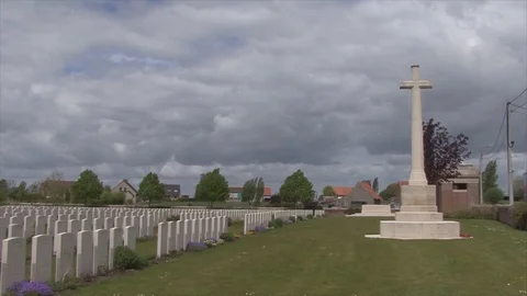LS Commonwealth Graves facing Cross Monument at Artillery Wood Cemetery Stock Footage 112400063