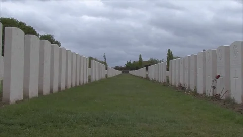 LS Commonwealth Gravestones Rows in Line at Tyne Cot Cemetery in Ypres, Belgium Stock Footage 112056954