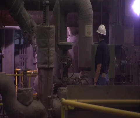 LS interior coal power plant. 2 Workers inspect equipment Stock Footage 86694448