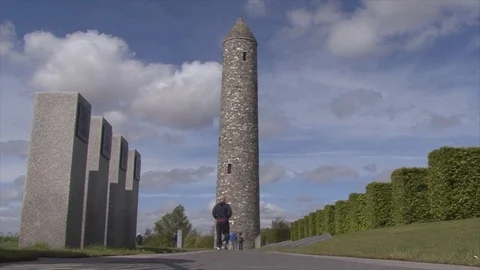 LS Round Low Angle Tower and Monuments at Messines Peace Park in Belgium Stock Footage 112139174