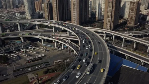 Lu Jiabing Road traffic round multilevel Cars transportation Shanghai Aerial 4k Stock Footage 90249734