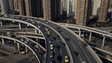 Lu Jiabing Road traffic round multilevel cars Shanghai Urban Cityscape Aerial 4k Video stock 90249766