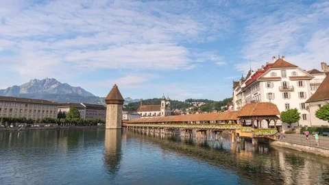 Lucerne city skyline timelapse Chapel Bridge, Luzern Switzerland 4K Time lapse Stock Footage