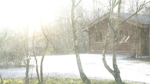 Lucid cabin scene, high key, bright, dusting of snow, dreamy, 4k Stock-Footage 86474519