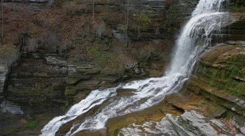 Lucifer Falls Waterfall Ithaca, NY, giant waterfall over rocks Stock Footage 63306336