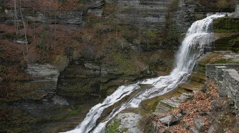 Lucifer Falls Waterfall Ithaca, NY, giant waterfall over rocks Stock Footage 63306627