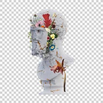 Lucius Verus statues 3d render, collage with flower petals compositions for.. Stock Illustration