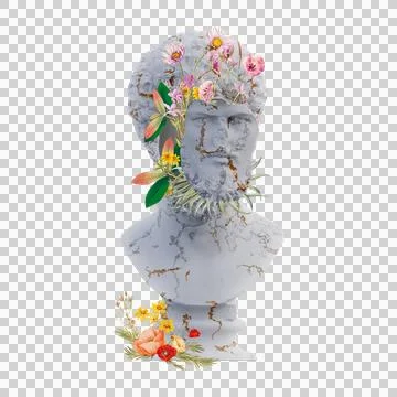 Lucius Verus statues 3d render, collage with flower petals compositions for.. Stock Illustration