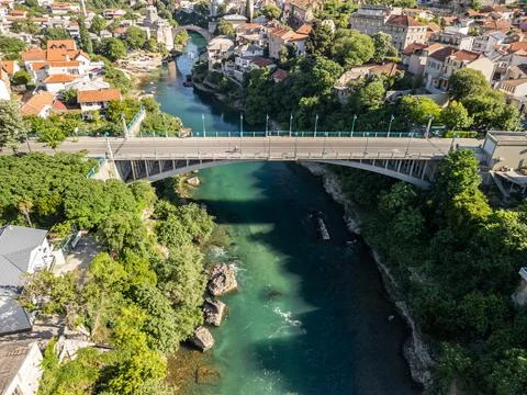 Lučki Most Bridge Mostar Drone Photo with Old Bridge and Halebija Tower Foto stock