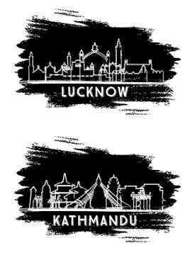 Lucknow India and Kathmandu Nepal City Skyline Silhouette Set. Stock Illustration