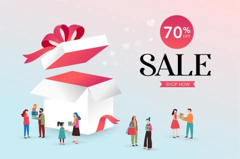 Lucky box, opened white present box with red ribbon. Sale concept design, give Stock Illustration