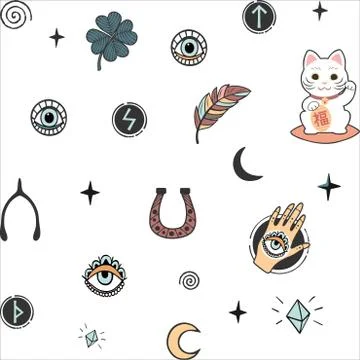 Lucky charms.Vector pattern with lucky charms icons symbols isolated Stock Illustration