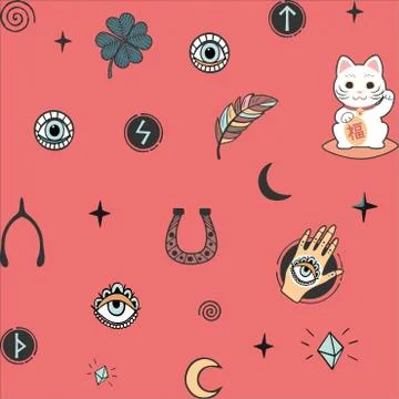 Lucky charms.Vector pattern with lucky charms icons symbols isolated Stock Illustration