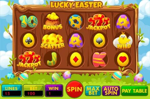 Lucky Easter Slot UI with set of slot symbols. UI game slot machine with buttons Stock Illustration