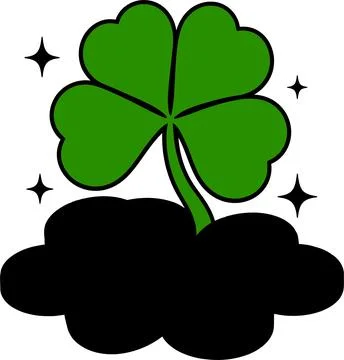 Lucky Four Leaf Clover with Sparkles, Cartoon Style Stock Illustration