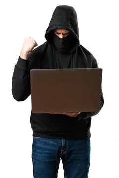 Lucky hacker with his computer on isolated white background Stock Photos