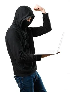 Lucky hacker with his computer on isolated white background Stock Photos