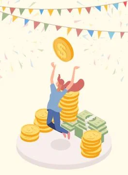 Lucky jackpot winner vector character. Joyful girl, cash prize owner, honorarium Stock Illustration