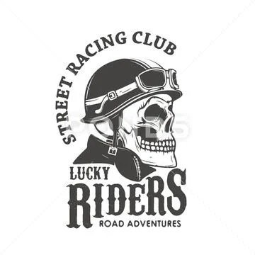 Lucky riders. Street racing club. Skull in racer helmet. Design Stock Illustration