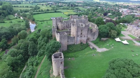 Ludlow Castle - a fly in from the outer wall to the round tower Stock Footage 97806303