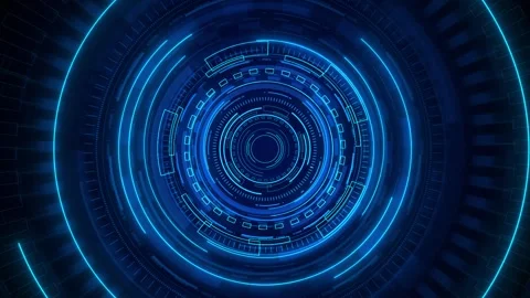 Lue circular HUD rings with glowing tech marks, radial interface segments, Stock Footage 334124677