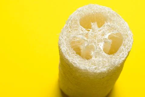 Luffa sponge for zero waste dish washing or bath on a yellow background Stock Photos