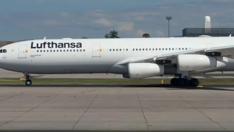 Lufthansa Airbus A340-300 D-AIFE Taxiing at Frankfurt Airport Stock Footage 345169190