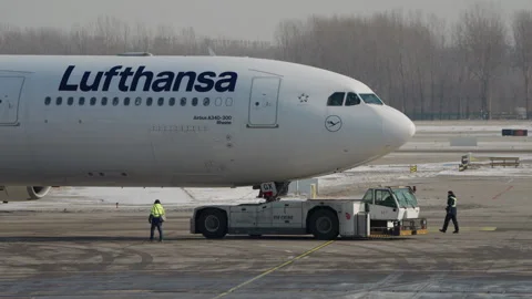 Lufthansa Airbus A340 Passenger Airplane Pushback, Beijing Airport Gate, Winter 스톡 동영상 262228126