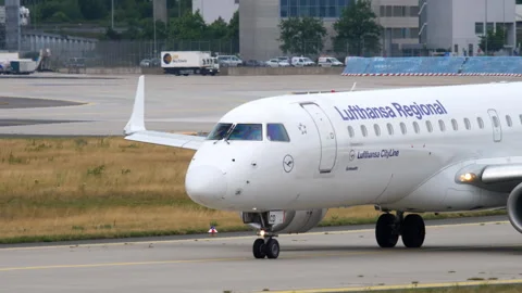 Lufthansa CityLine Embraer 190 D-AECD taxiing at Frankfurt Airport Stock Footage 346850794