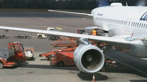 A Lufthansa jet being loaded at the gate at Landvetter airport. 스톡 동영상 119737934