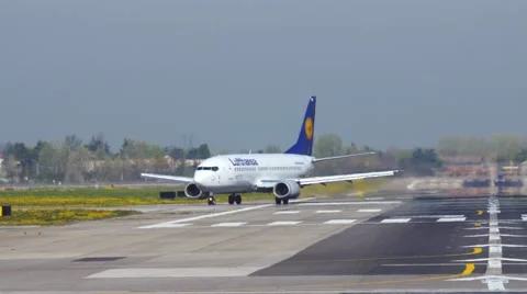 Lufthansa jet plane just landed in Bologna Marconi airport UHD  Stock Footage 49275473