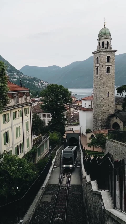 Lugano postcard view with tram and church, Ticino, Switzerland Stock Footage 340881417
