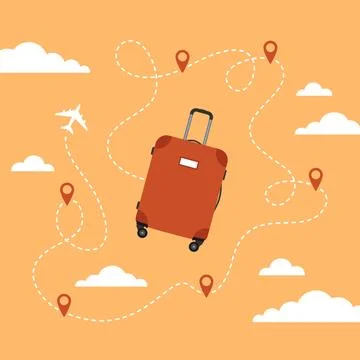 Luggage with dashed route line, address points and airplane Stock Illustration