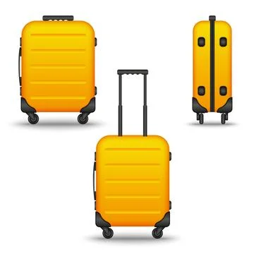 Luggage objects set yellow hard suitcases on wheels side and front view, 3d.. Stock Illustration