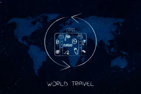 Luggage surrounded by Repeat sign over world map overlay Ilustração Stock