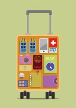 Luggage with travel items inside. vector illustration Stock Illustration
