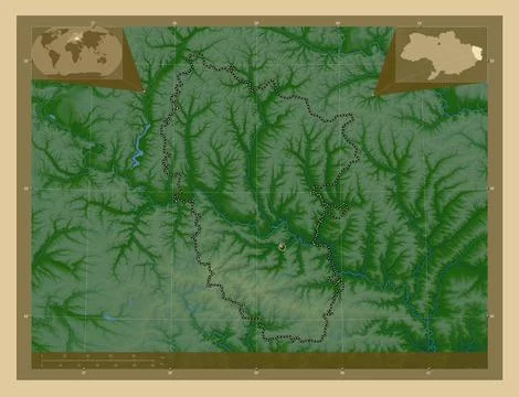 Luhans'k, Ukraine. Colored elevation map with lakes and rivers Illustrazione stock