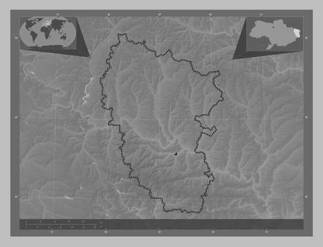 Luhans'k, Ukraine. Grayscale elevation map with lakes and rivers Illustrazione stock
